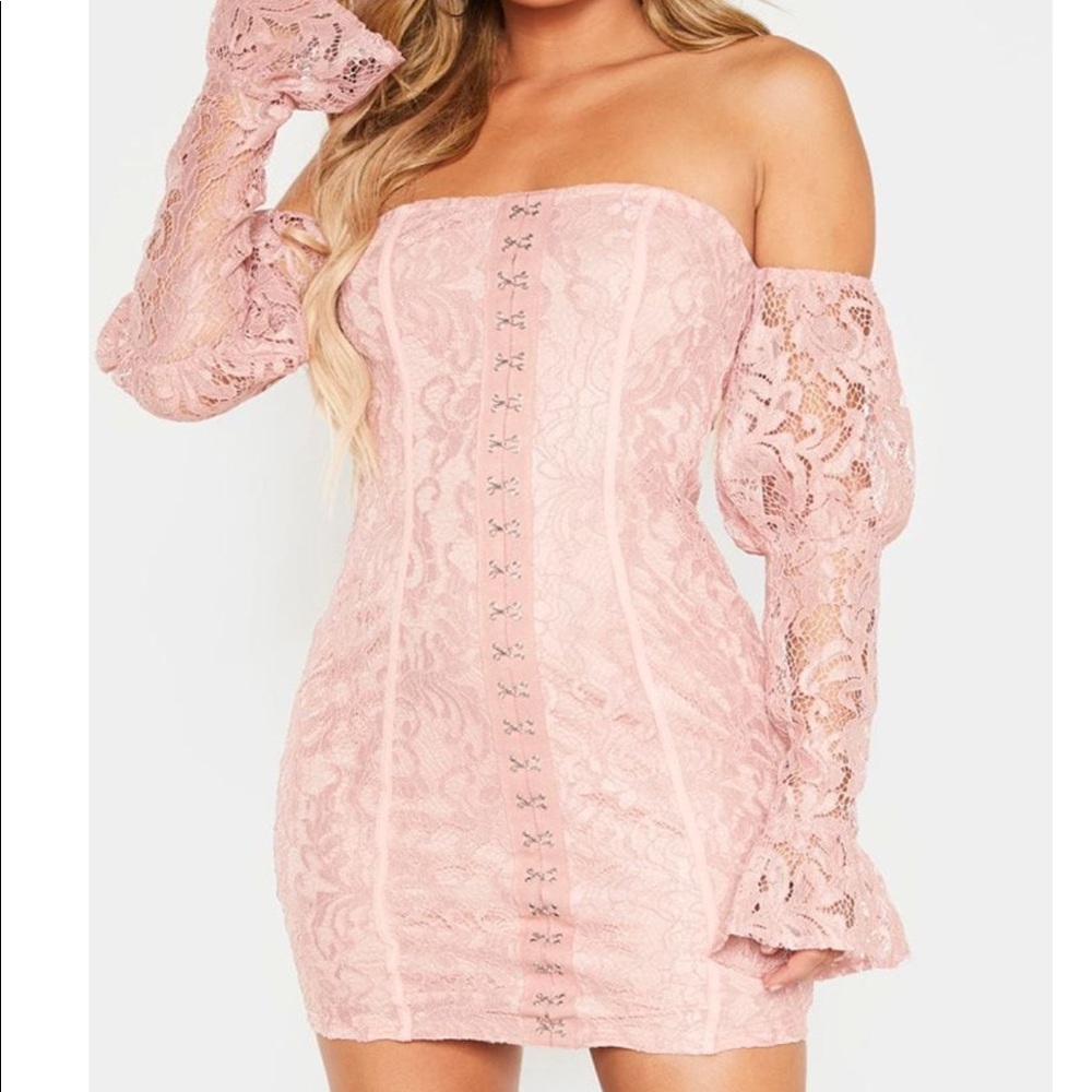 Pretty Little Thing blush lace Bardot dress